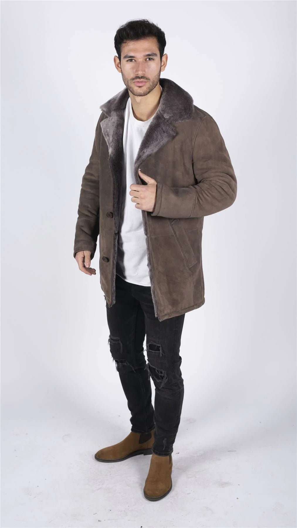 Miesten aito lampaannahkainen takki beige vintage klassinen 3/4-takki nappikaulus V-aukkoinen