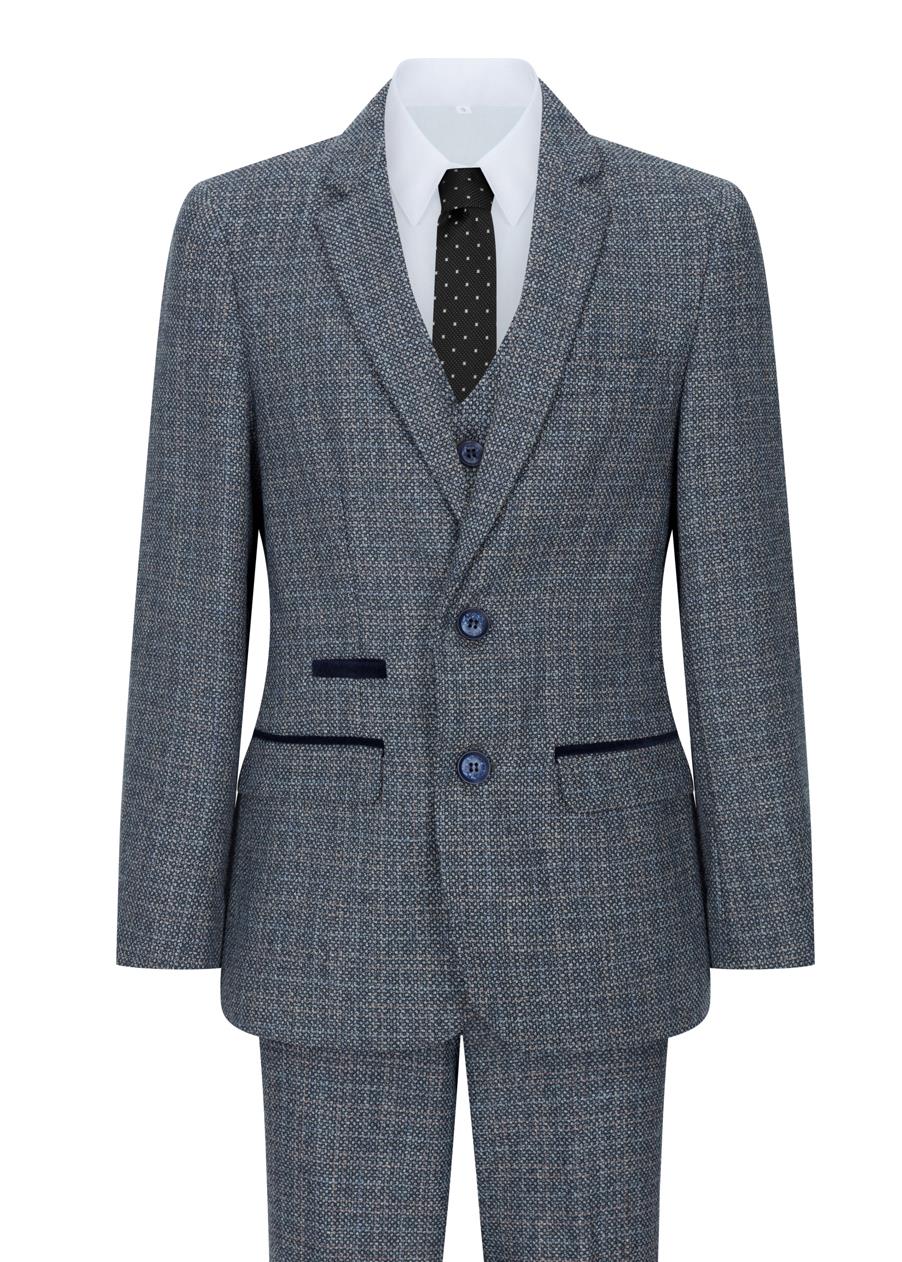 Poikien kolmiosainen puku tummansininen tweed-ruutukuvioinen vintage retro mittatilaustyönä tehty istuvuus 1920-luku