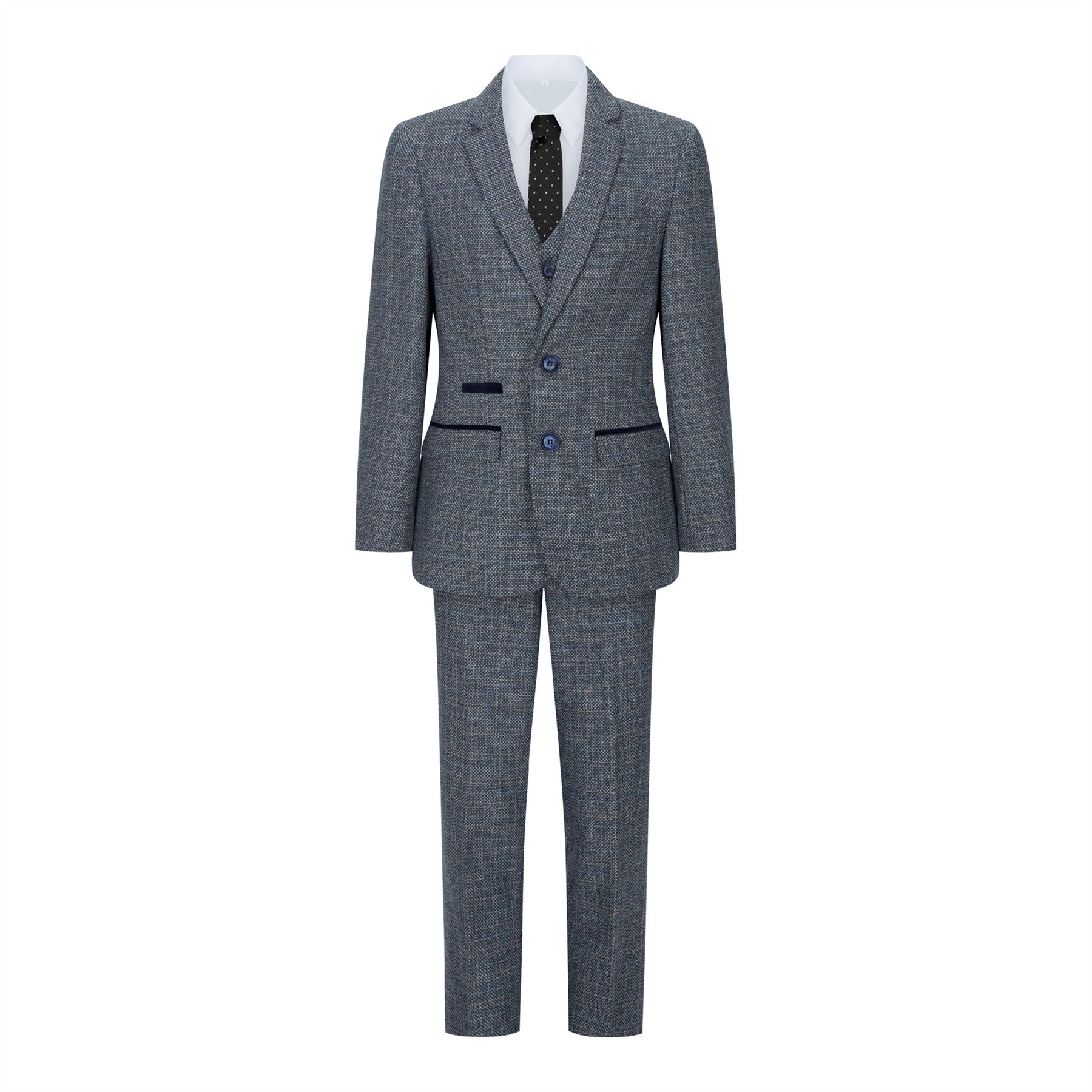 Poikien kolmiosainen puku tummansininen tweed-ruutukuvioinen vintage retro mittatilaustyönä tehty istuvuus 1920-luku