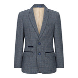Poikien kolmiosainen puku tummansininen tweed-ruutukuvioinen vintage retro mittatilaustyönä tehty istuvuus 1920-luku
