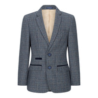 Poikien kolmiosainen puku tummansininen tweed-ruutukuvioinen vintage retro mittatilaustyönä tehty istuvuus 1920-luku
