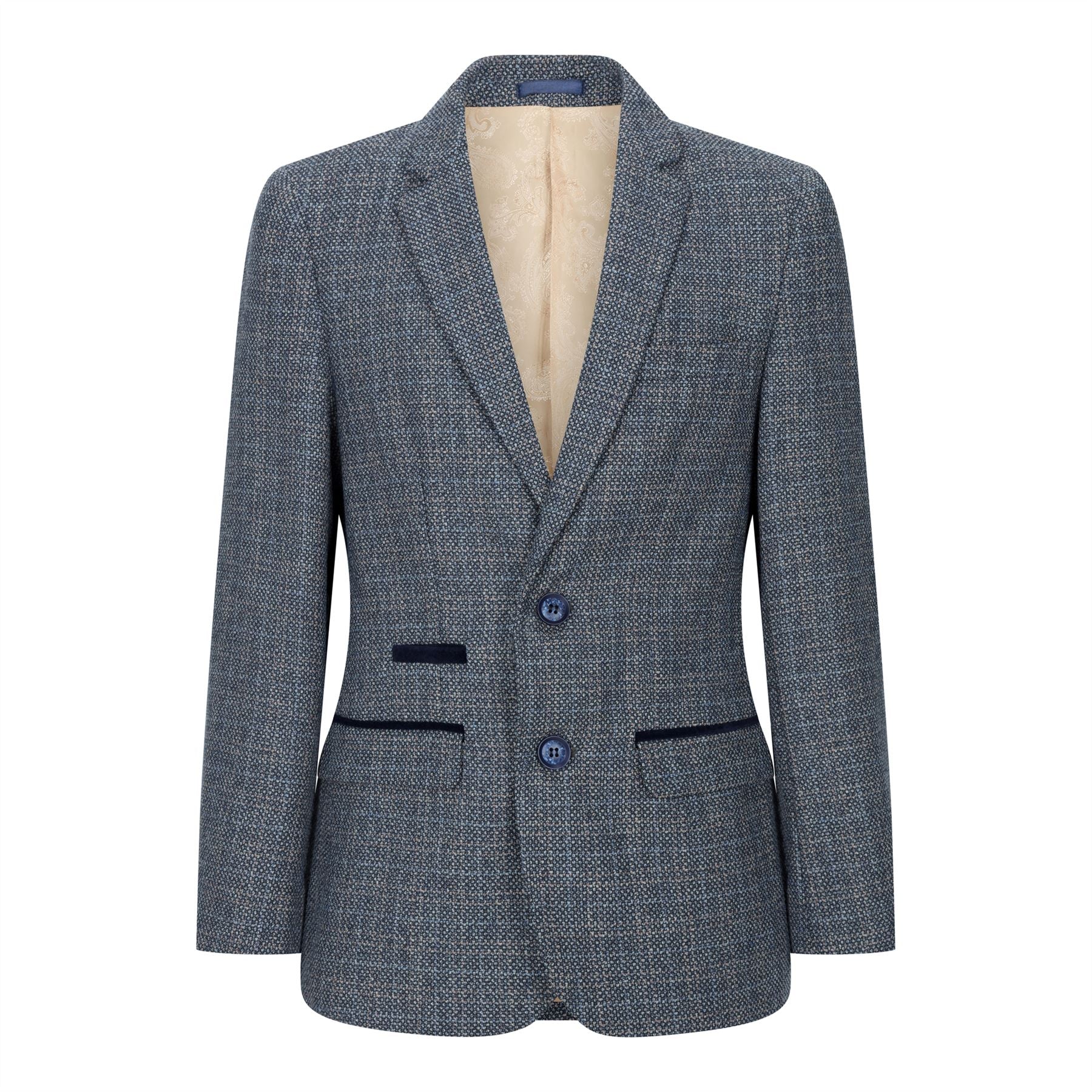 Poikien kolmiosainen puku tummansininen tweed-ruutukuvioinen vintage retro mittatilaustyönä tehty istuvuus 1920-luku