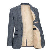 Poikien kolmiosainen puku tummansininen tweed-ruutukuvioinen vintage retro mittatilaustyönä tehty istuvuus 1920-luku