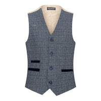 Poikien kolmiosainen puku tummansininen tweed-ruutukuvioinen vintage retro mittatilaustyönä tehty istuvuus 1920-luku
