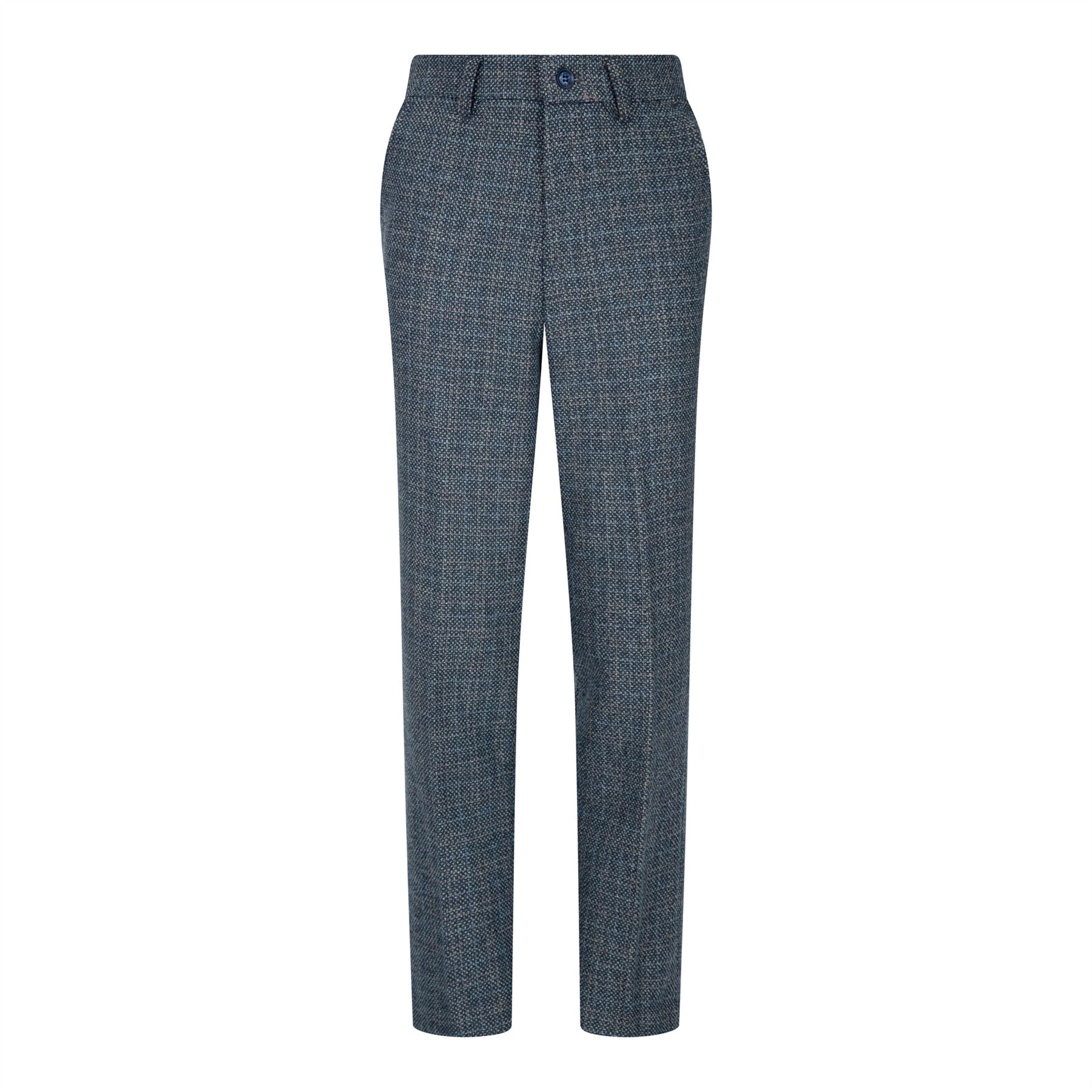 Poikien kolmiosainen puku tummansininen tweed-ruutukuvioinen vintage retro mittatilaustyönä tehty istuvuus 1920-luku
