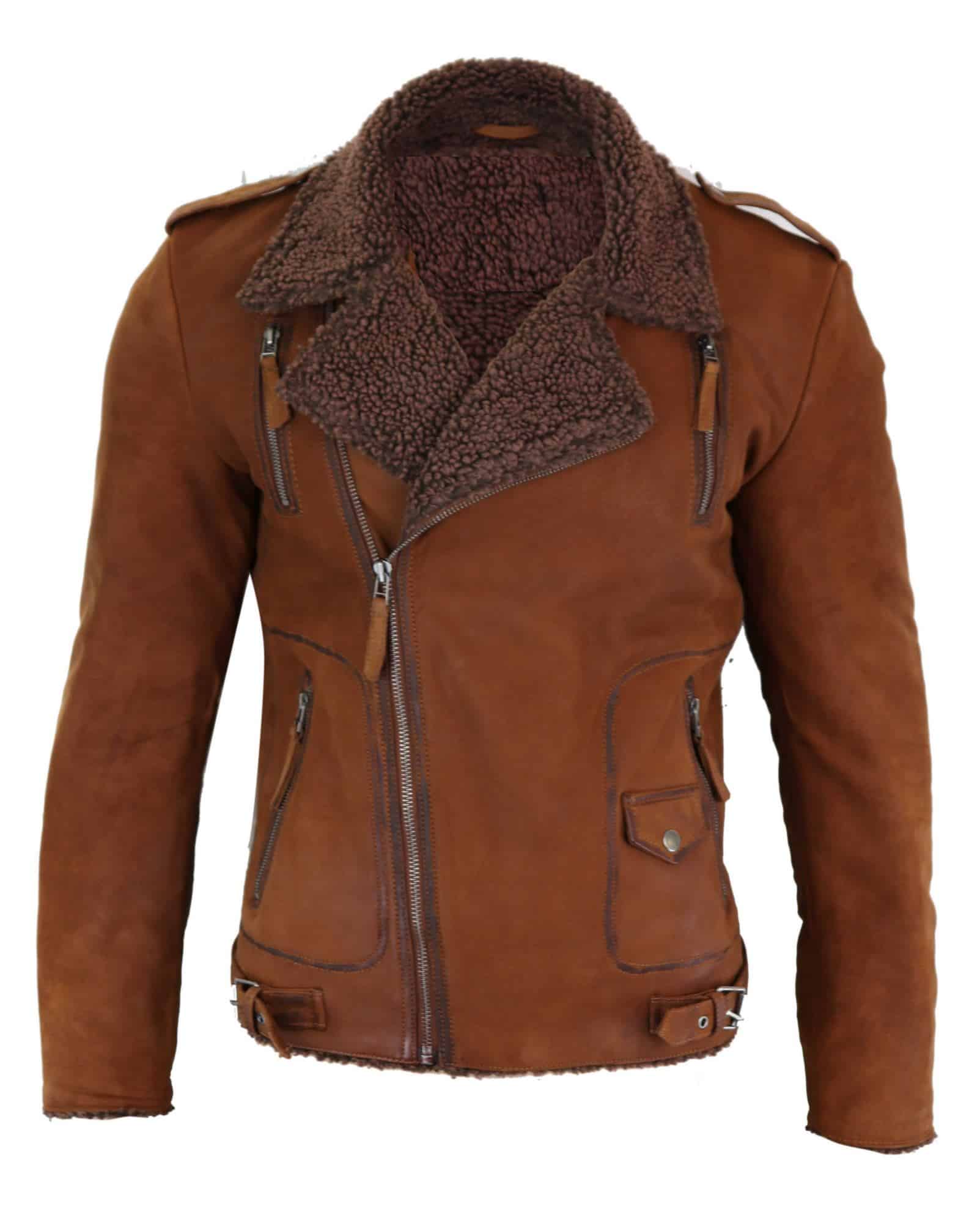 Miesten nahkainen ristivetoketjullinen biker-takki, fleecevuorilla - ruskea