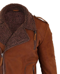 Miesten nahkainen ristivetoketjullinen biker-takki, fleecevuorilla - ruskea