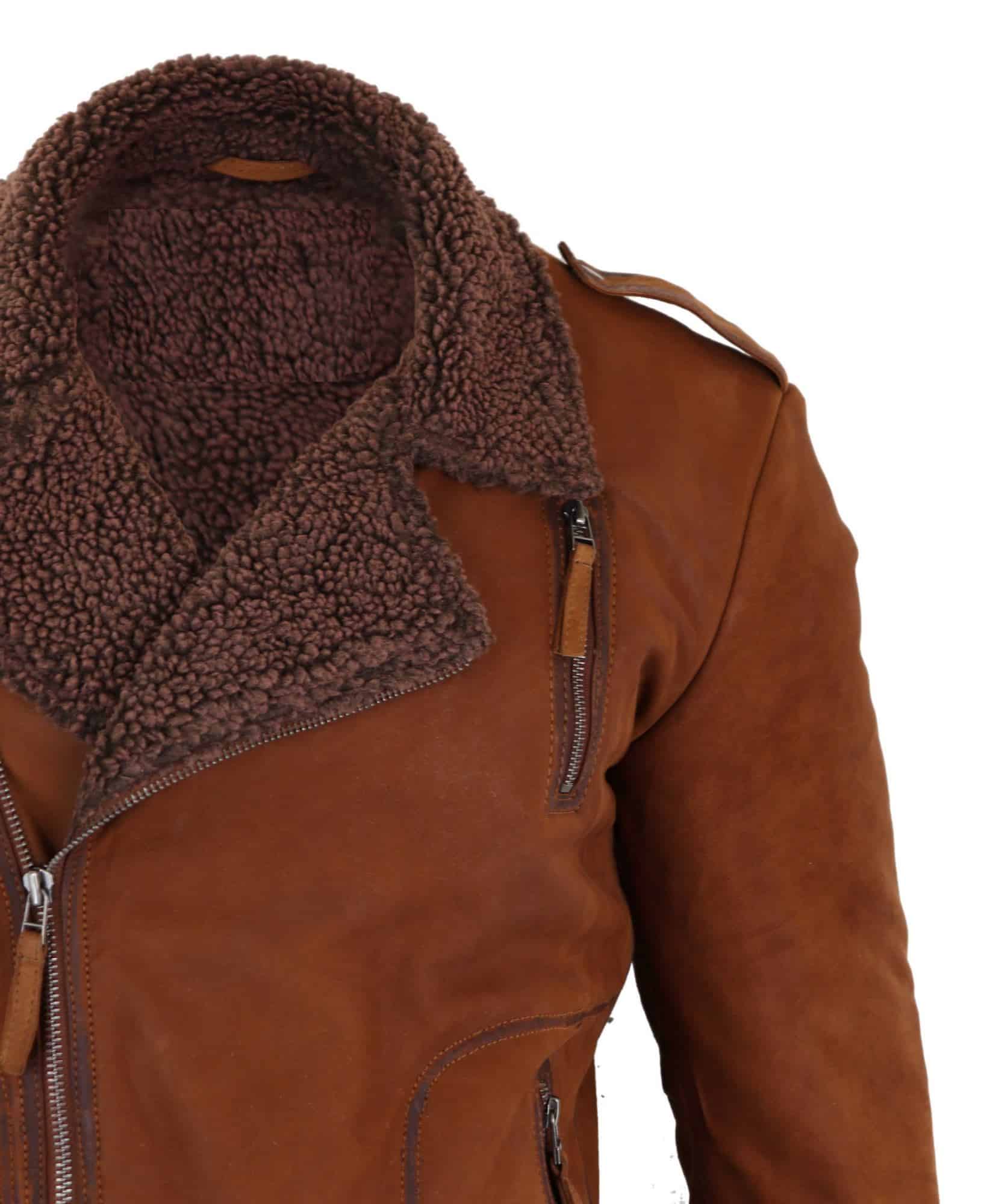 Miesten nahkainen ristivetoketjullinen biker-takki, fleecevuorilla - ruskea