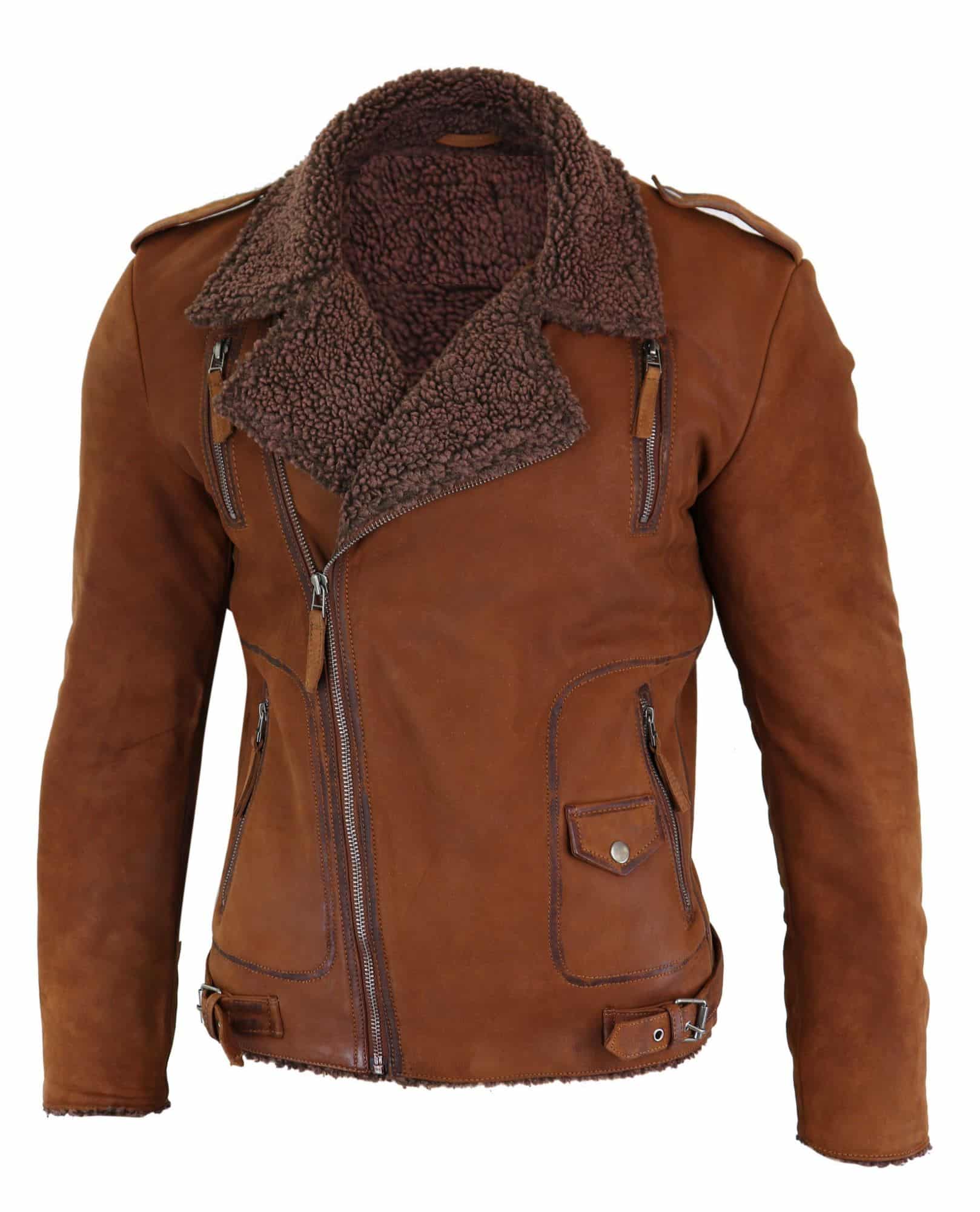 Miesten nahkainen ristivetoketjullinen biker-takki, fleecevuorilla - ruskea