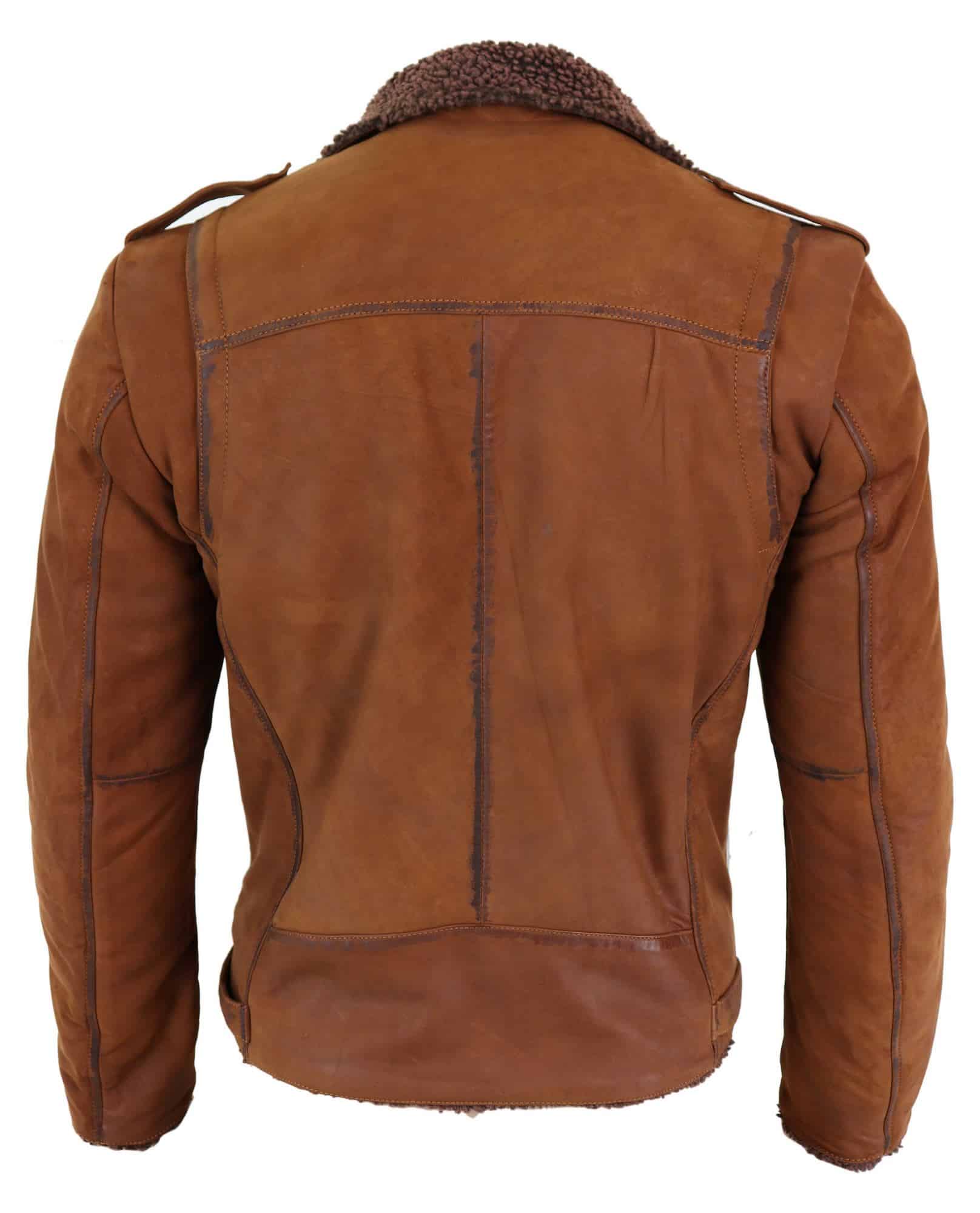 Miesten nahkainen ristivetoketjullinen biker-takki, fleecevuorilla - ruskea