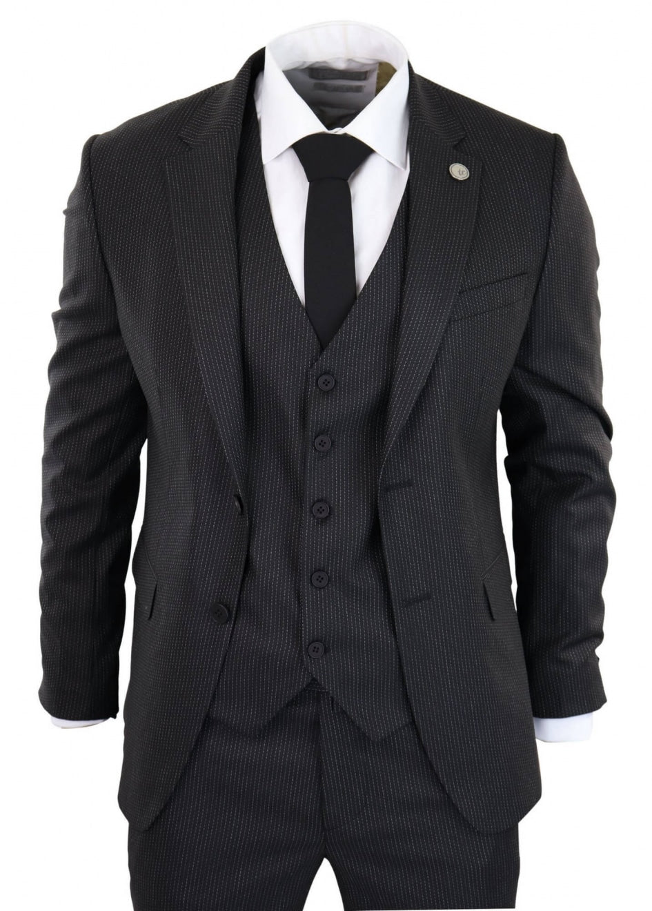 Musta pinstripe-kolmiosainen puku - RK20-30