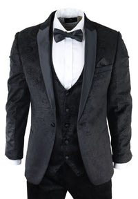 Miesten Marc Darcy Velvet Paisley Black Fit 3-osainen puku smokki illallistakki hääpuku