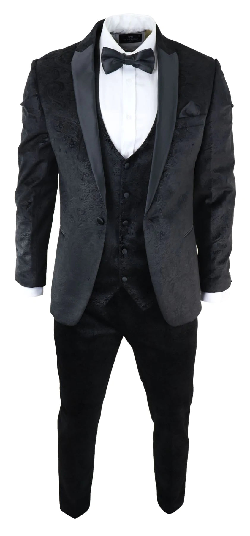 Miesten Marc Darcy Velvet Paisley Black Fit 3-osainen puku smokki illallistakki hääpuku