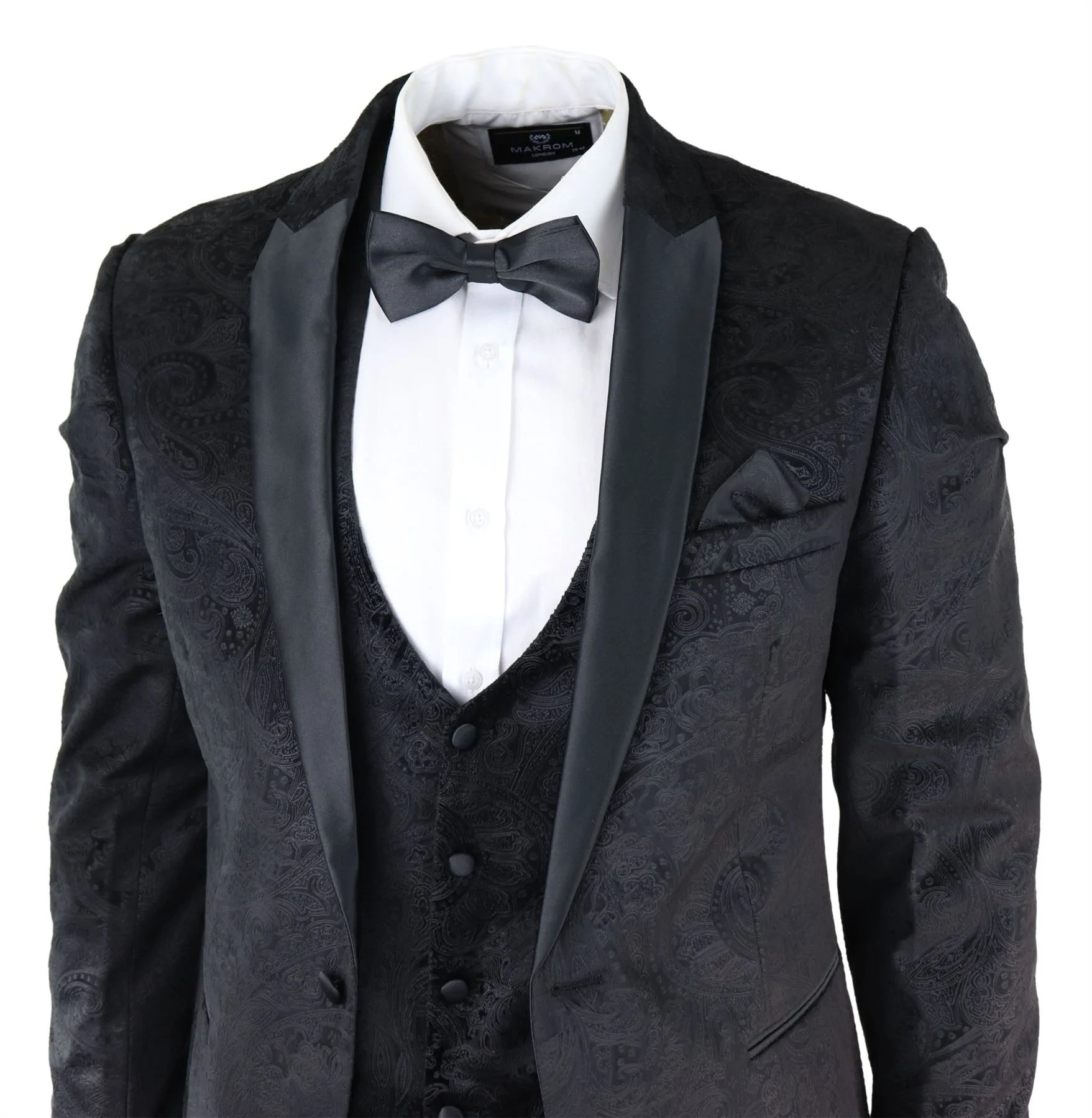 Miesten Marc Darcy Velvet Paisley Black Fit 3-osainen puku smokki illallistakki hääpuku