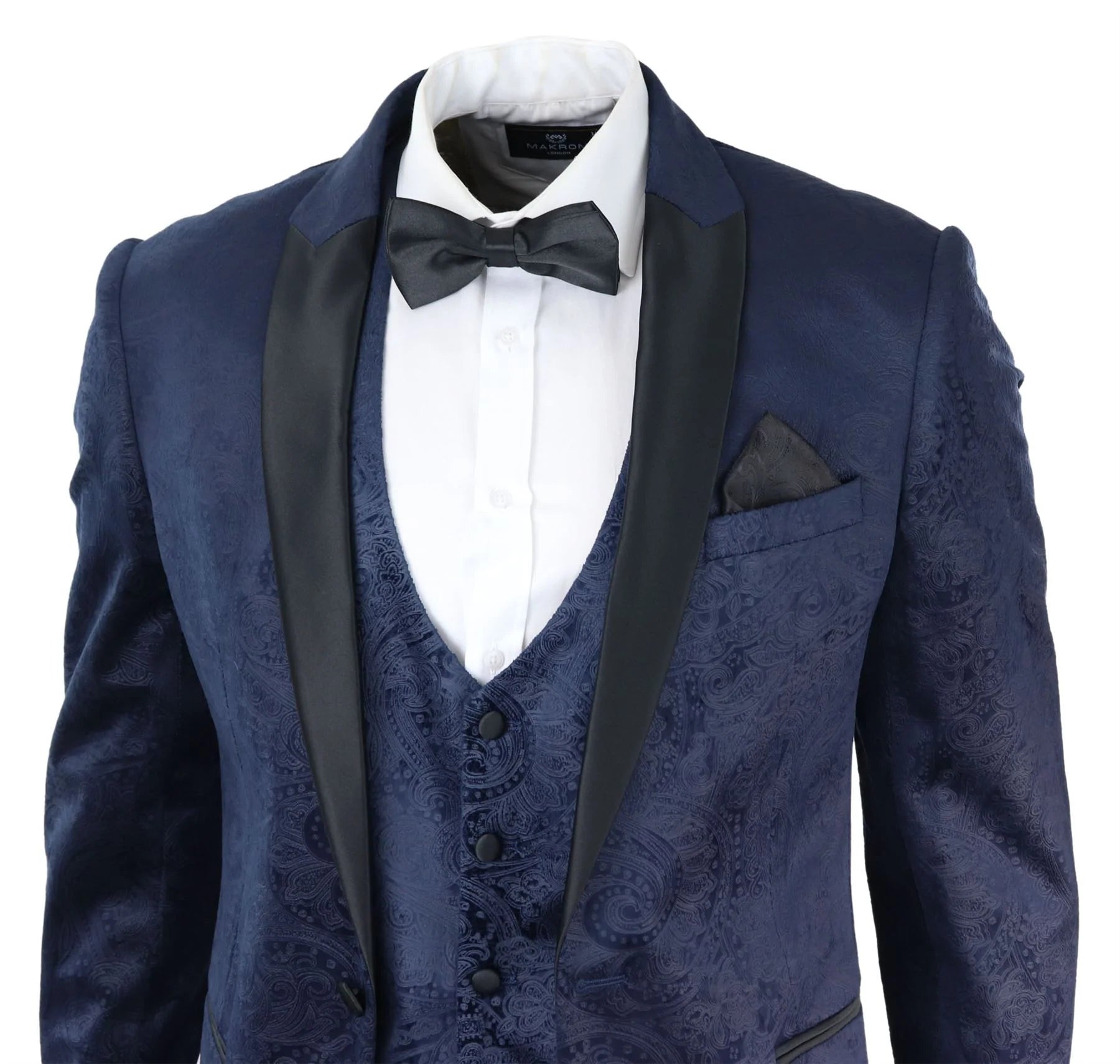 Miesten Marc Darcy Velvet Paisley Blue Fit 3-osainen puku smokki illallistakki hääpuku