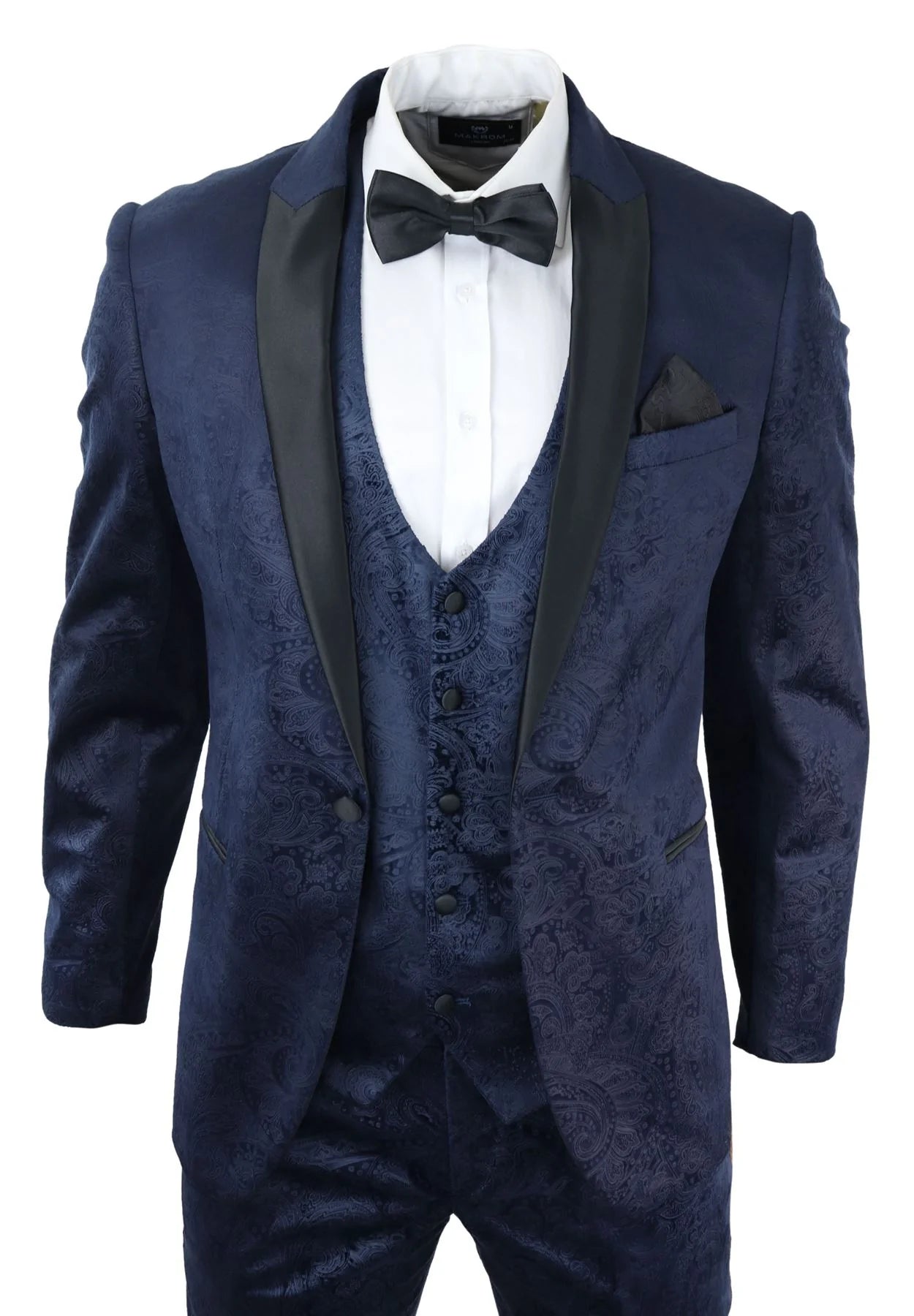 Miesten Marc Darcy Velvet Paisley Blue Fit 3-osainen puku smokki illallistakki hääpuku
