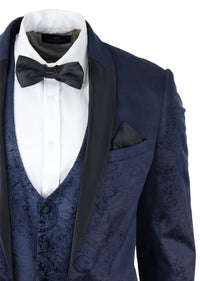 Miesten Marc Darcy Velvet Paisley Blue Fit 3-osainen puku smokki illallistakki hääpuku