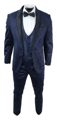 Miesten Marc Darcy Velvet Paisley Blue Fit 3-osainen puku smokki illallistakki hääpuku