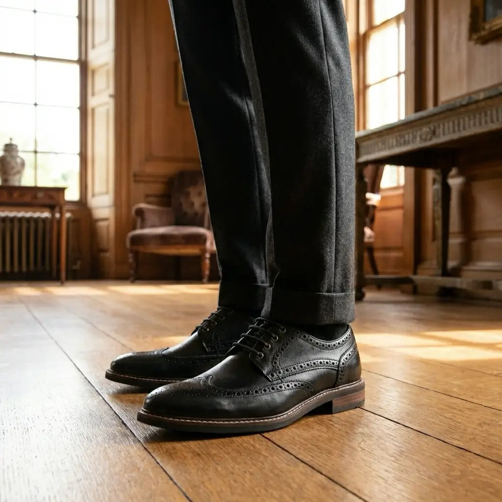 Stokes - Miesten mustat nahkaiset siipikärkilliset brogue-nauhakengät