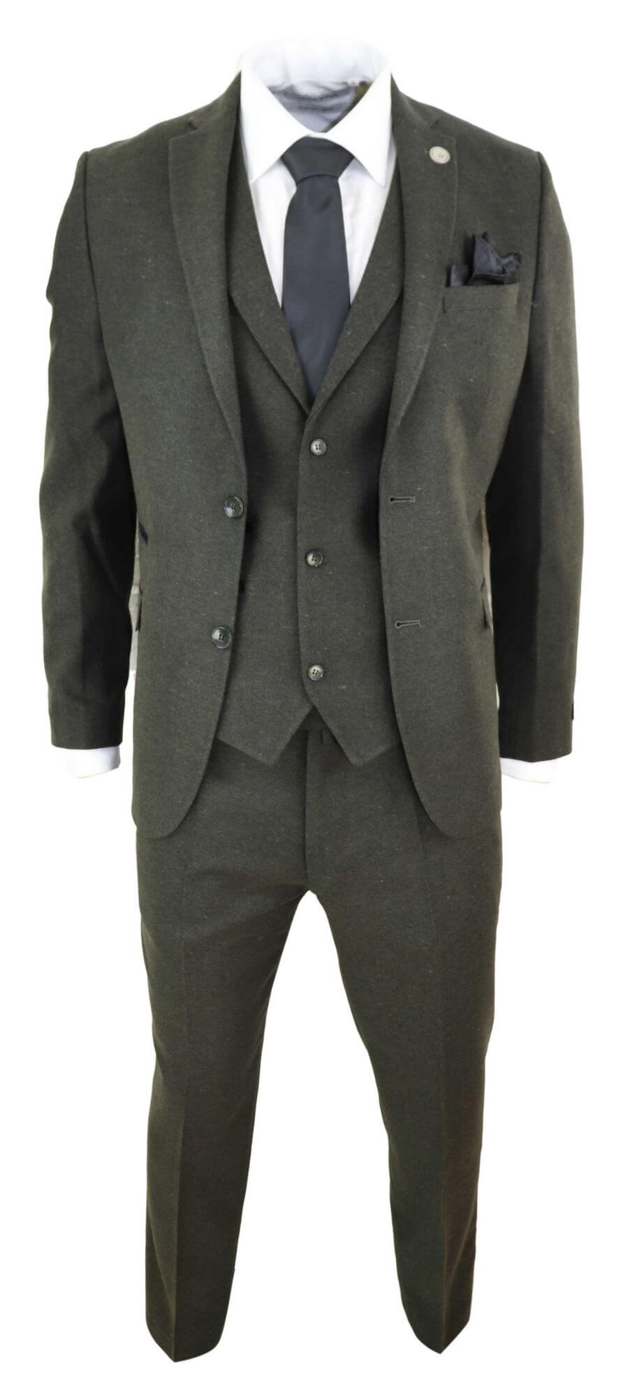 Miesten oliivinvihreä villainen tweed-puku, kolmiosainen - STZ11