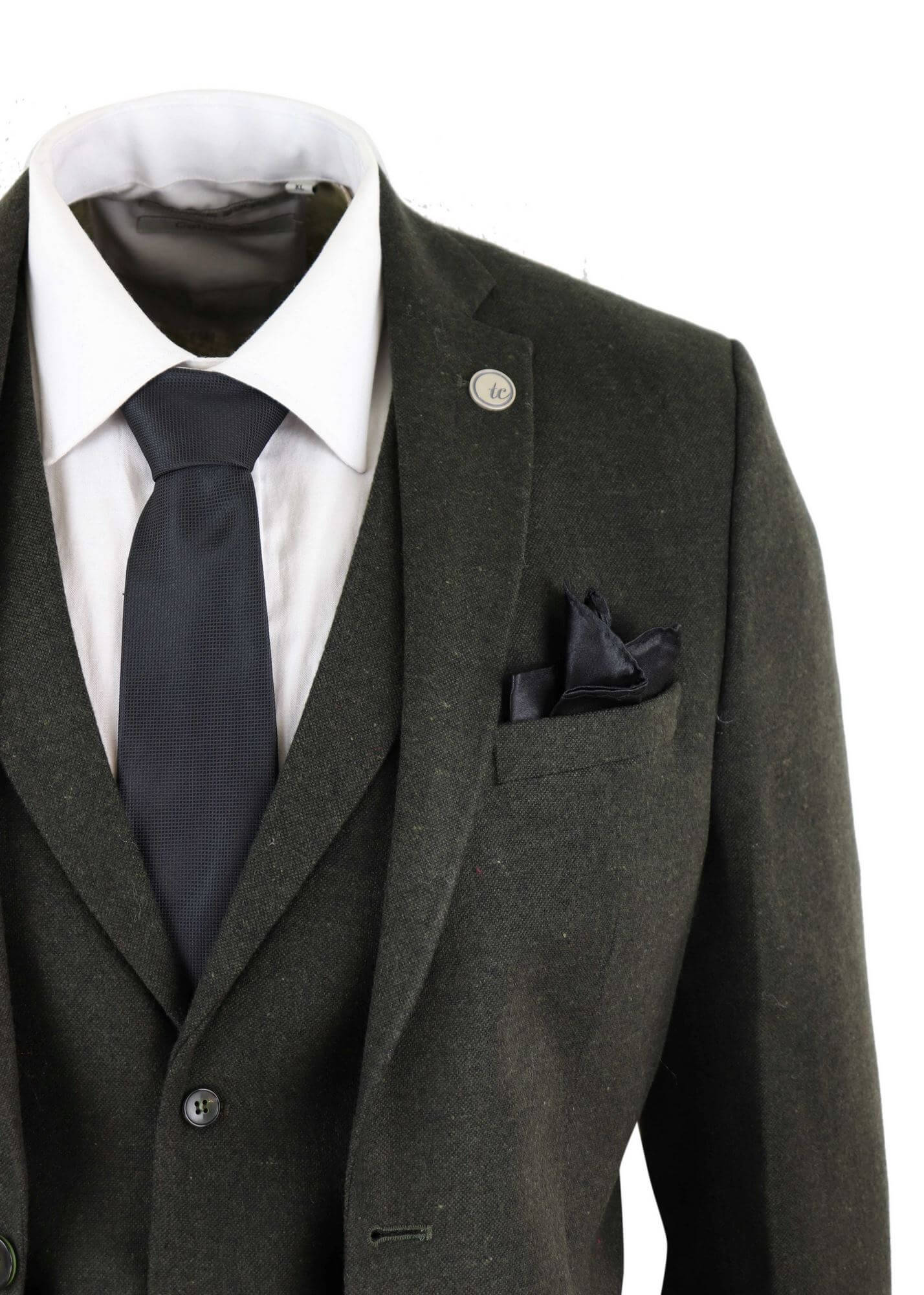 Miesten oliivinvihreä villainen tweed-puku, kolmiosainen - STZ11