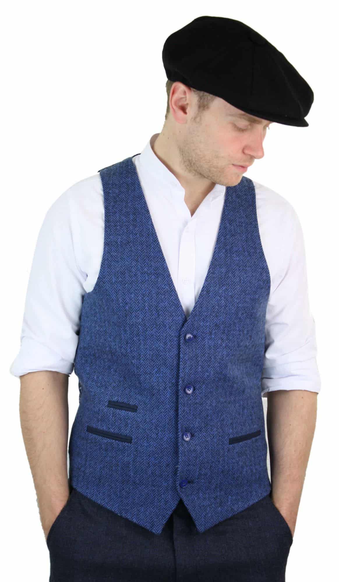 Miesten sininen tweed-liivi kalanruotokuvioinen villainen Peaky Blinders Vintage Retro
