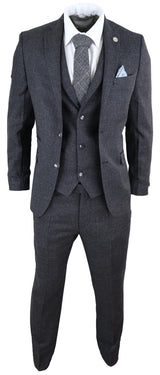 Miesten musta tweed-kangaspuku, kolmiosainen, vintage-tyyliin - STZ14