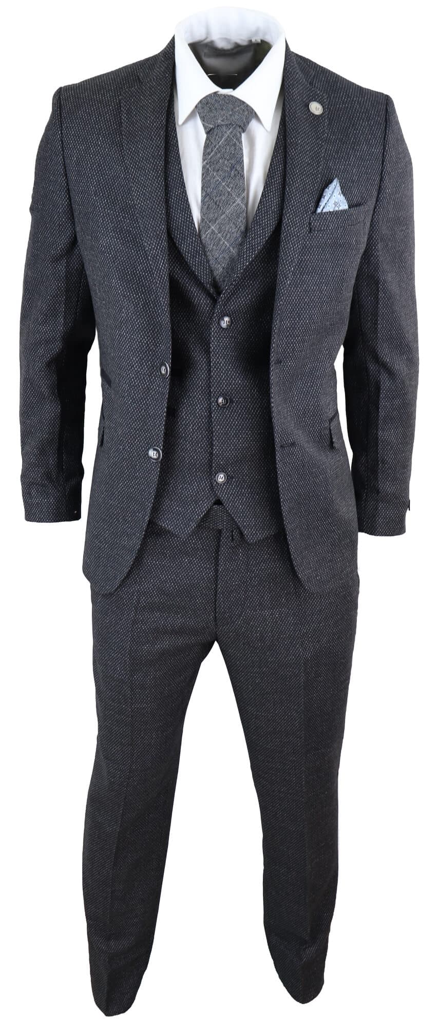 Miesten musta tweed-kangaspuku, kolmiosainen, vintage-tyyliin - STZ14