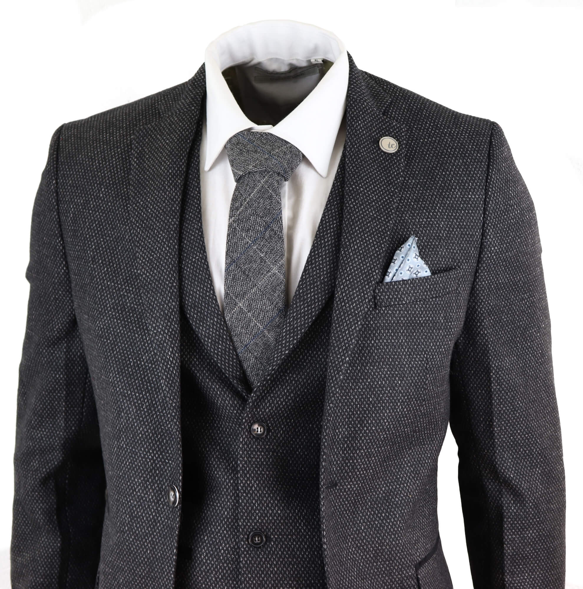 Miesten musta tweed-kangaspuku, kolmiosainen, vintage-tyyliin - STZ14