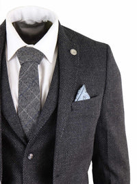 Miesten musta tweed-kangaspuku, kolmiosainen, vintage-tyyliin - STZ14