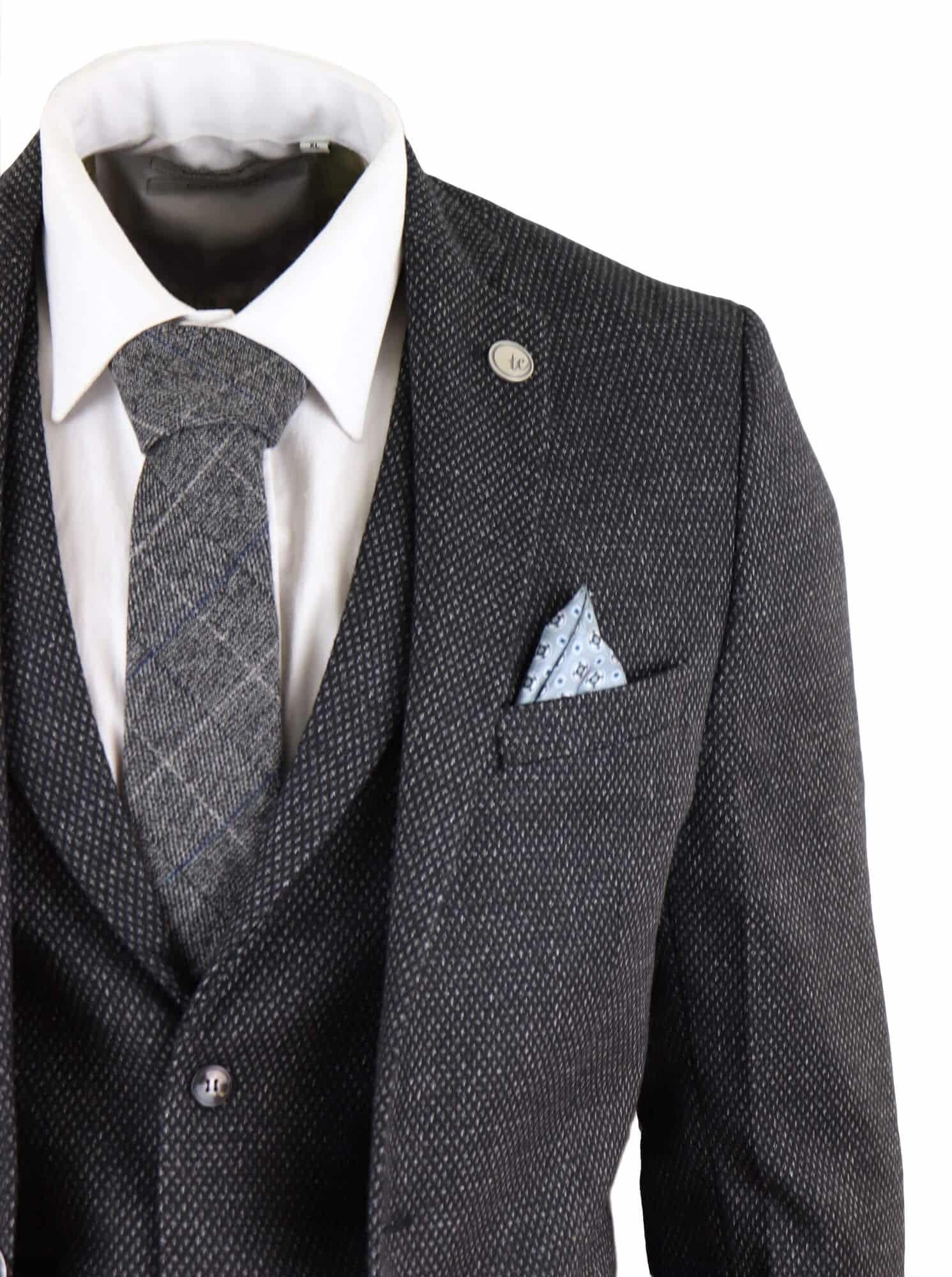 Miesten musta tweed-kangaspuku, kolmiosainen, vintage-tyyliin - STZ14