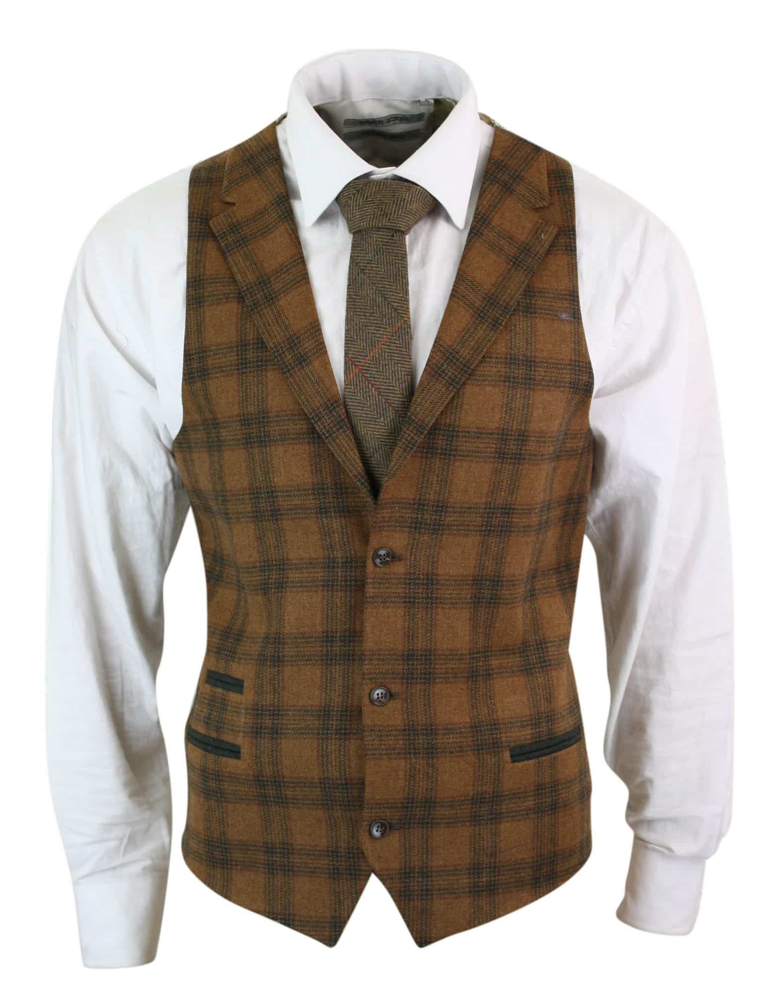 Miesten villaliivi, ruskeanruskea ruutukuvioinen tweed-kangas, klassinen vintage-mittatilaustyönä tehty istuvuus