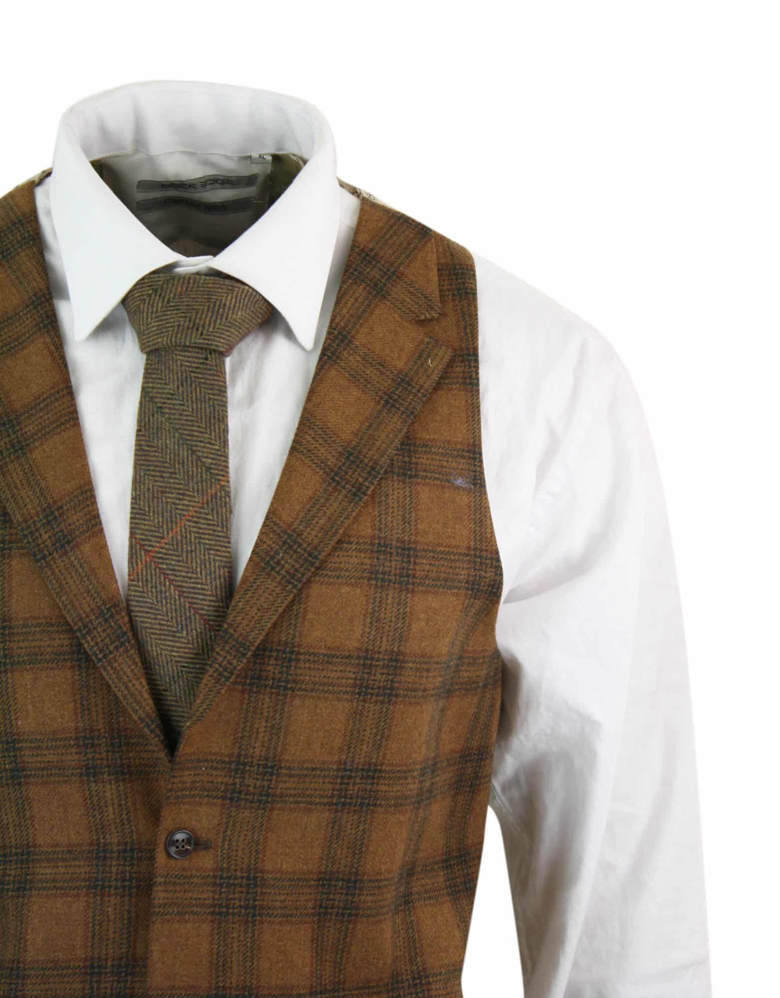 Miesten villaliivi, ruskeanruskea ruutukuvioinen tweed-kangas, klassinen vintage-mittatilaustyönä tehty istuvuus