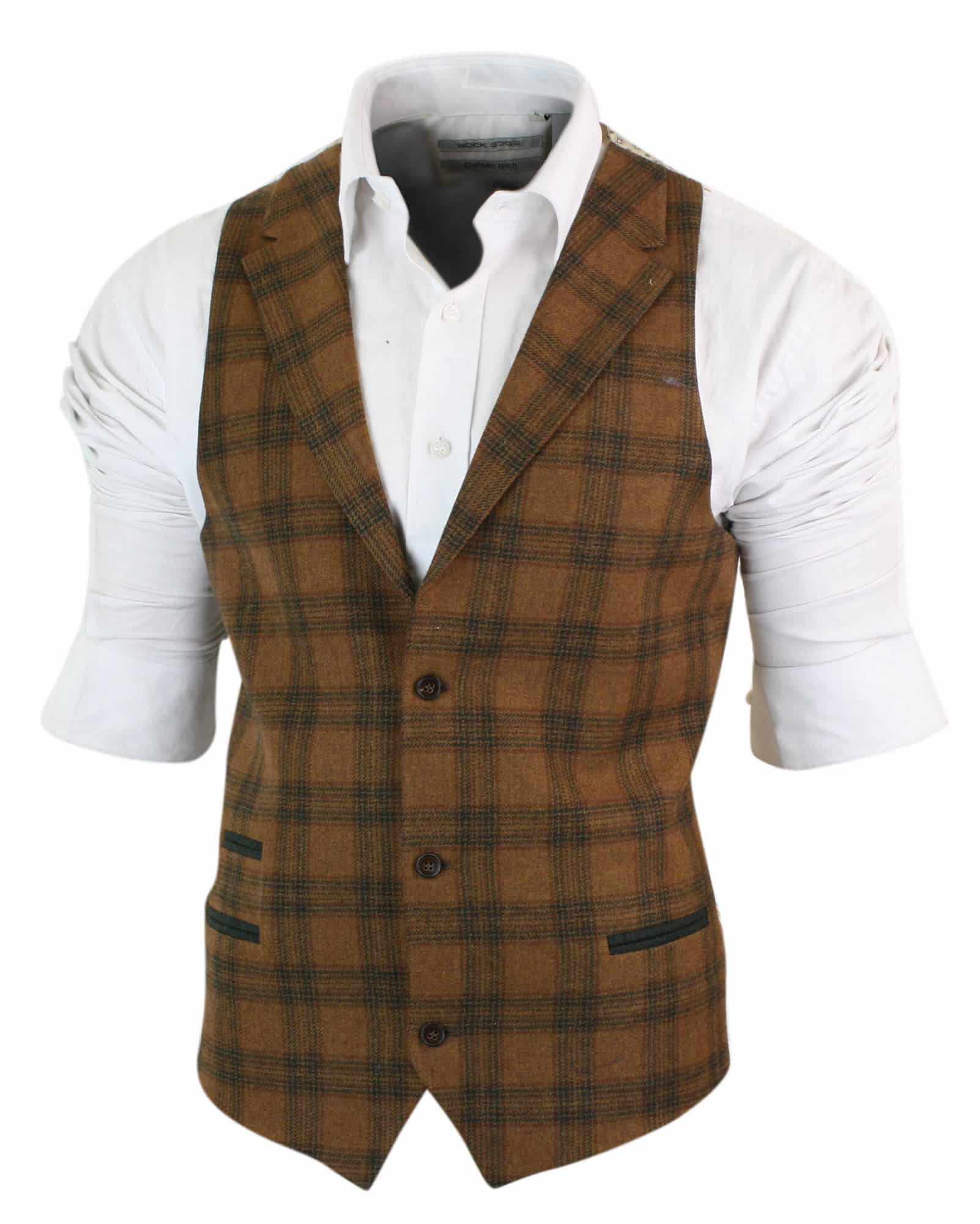 Miesten villaliivi, ruskeanruskea ruutukuvioinen tweed-kangas, klassinen vintage-mittatilaustyönä tehty istuvuus