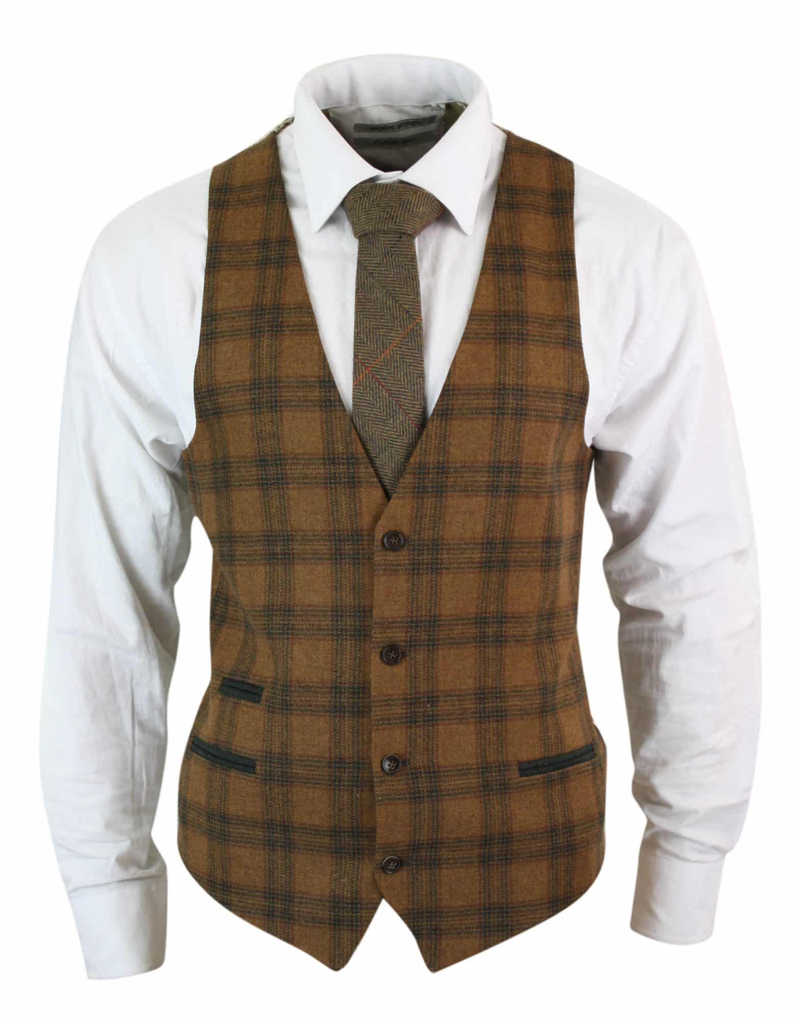 Miesten villaliivi, ruskeanruskea ruutukuvioinen tweed-kangas, klassinen vintage-mittatilaustyönä tehty istuvuus