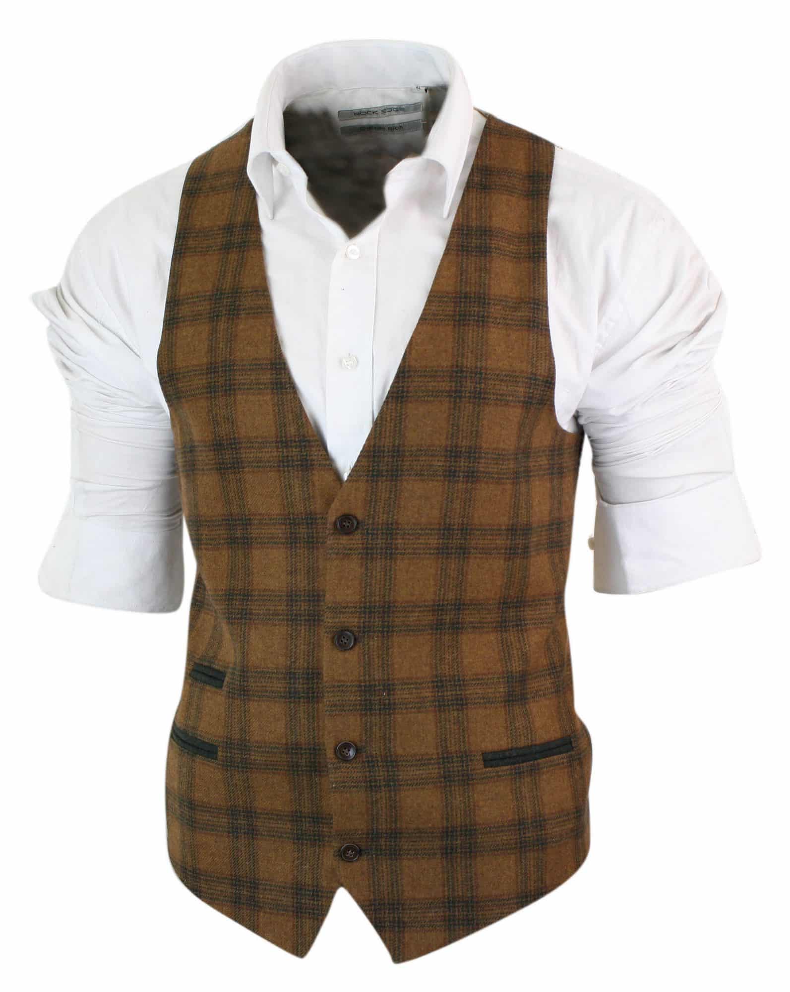 Miesten villaliivi, ruskeanruskea ruutukuvioinen tweed-kangas, klassinen vintage-mittatilaustyönä tehty istuvuus