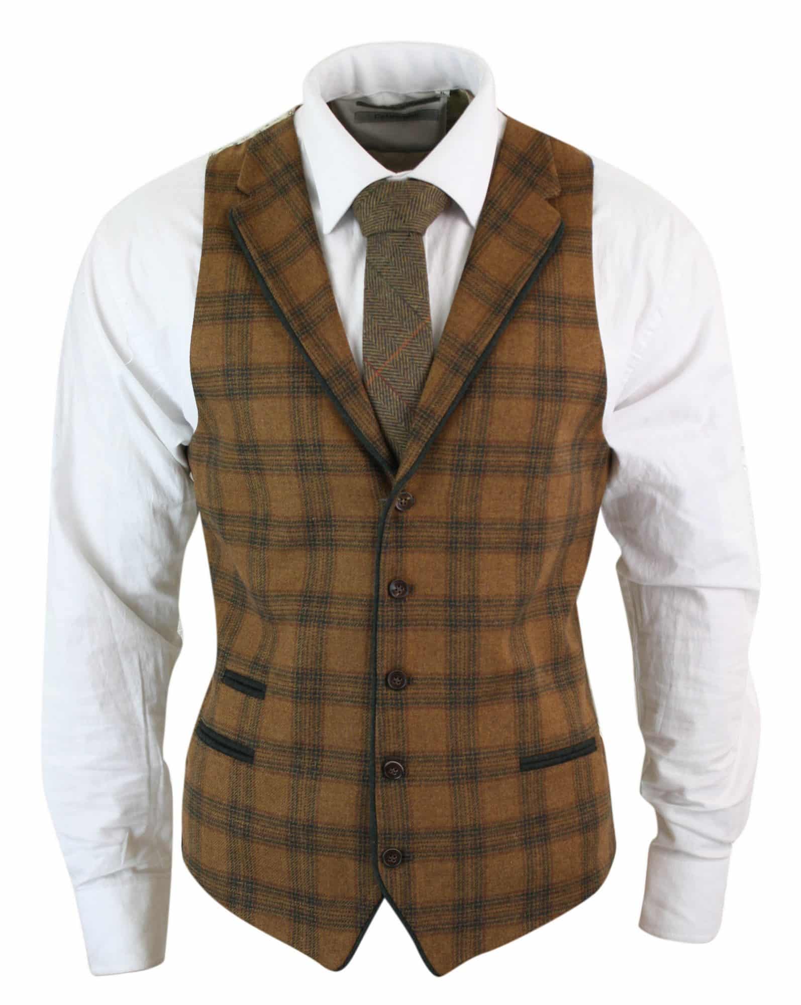 Miesten villaliivi, ruskeanruskea ruutukuvioinen tweed-kangas, klassinen vintage-mittatilaustyönä tehty istuvuus