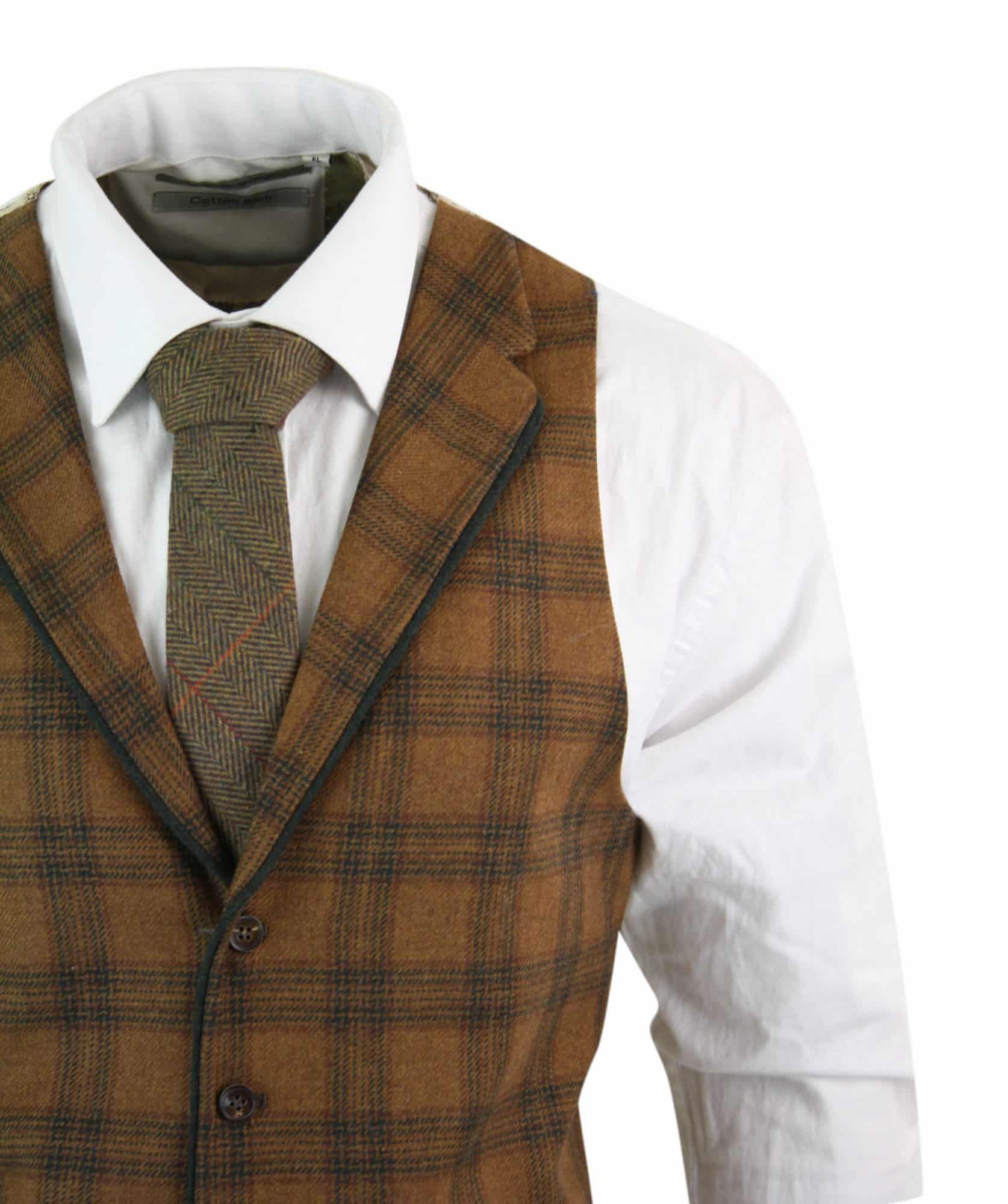 Miesten villaliivi, ruskeanruskea ruutukuvioinen tweed-kangas, klassinen vintage-mittatilaustyönä tehty istuvuus