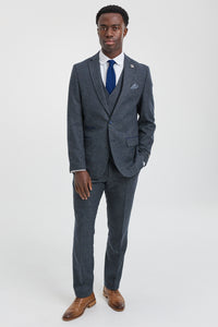 Miesten kolmiosainen laivastonsininen puku kaksirivisellä liivillä