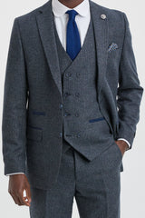 Miesten kolmiosainen laivastonsininen puku kaksirivisellä liivillä