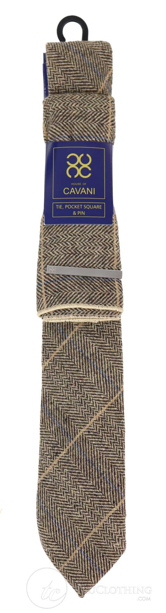 Ruskea ruutukuvioinen tweed-solmio nenäliinalla ja solmiopidikkeellä - Ruskea