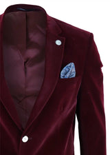Miesten samettinen bleiseri, kaksi nappia, illallinen, tyylikäs, rento ja muodollinen, mittatilaustyönä tehty istuvuus - viininpunainen
