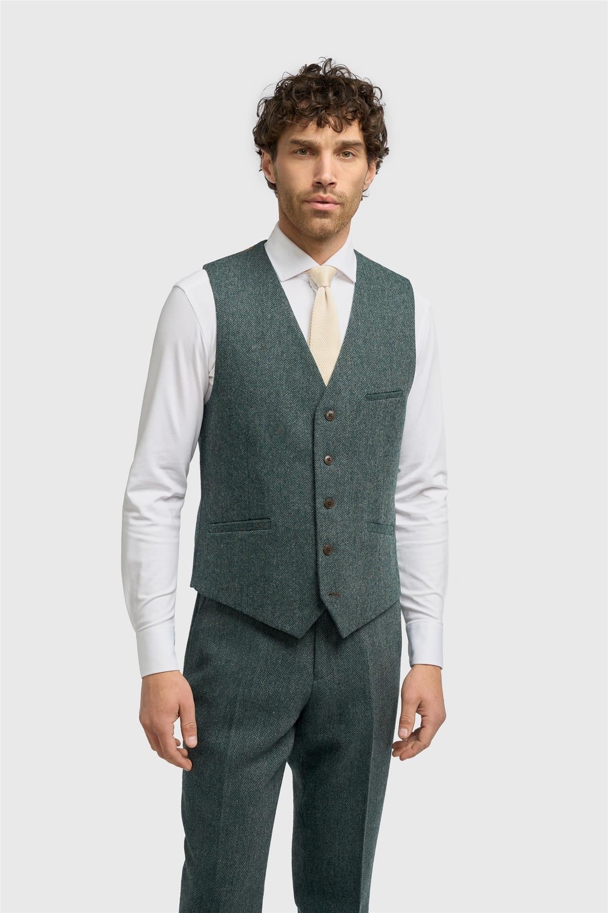 Thomas - Miesten oliivinvihreä villasekoitteinen kalanruotokuvioinen tweed-liivi