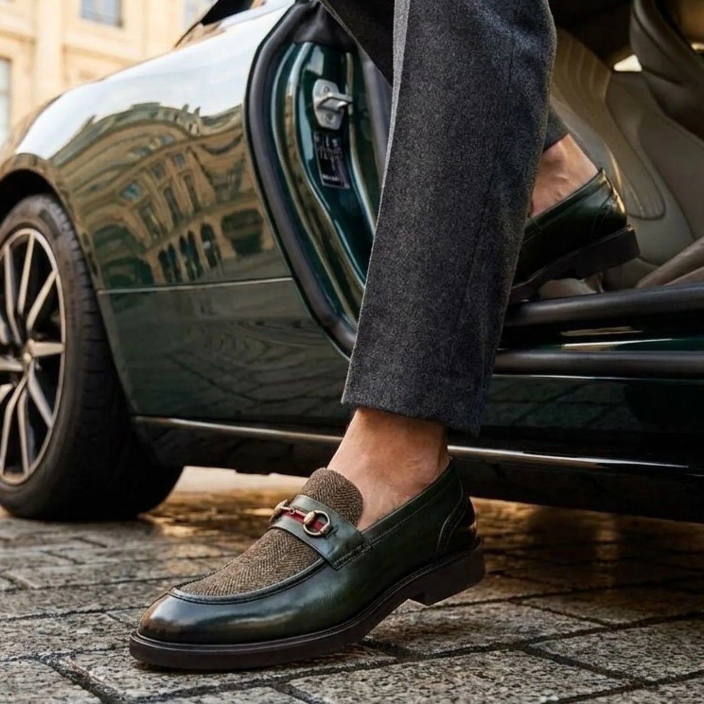 Tristian - Miesten vihreät nahkaiset kalanruotokuvioiset tweed-loaferit