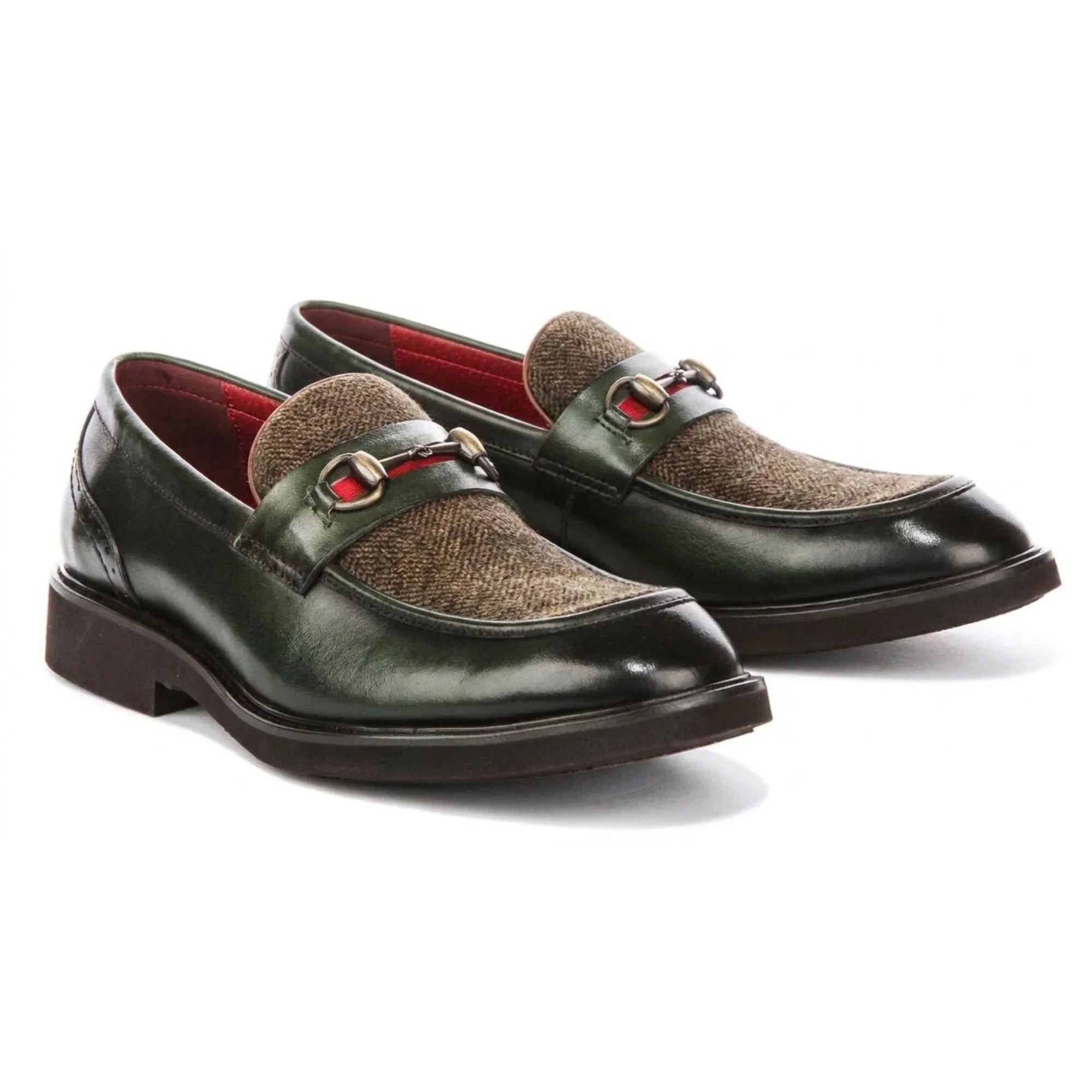 Tristian - Miesten vihreät nahkaiset kalanruotokuvioiset tweed-loaferit