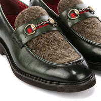 Tristian - Miesten vihreät nahkaiset kalanruotokuvioiset tweed-loaferit