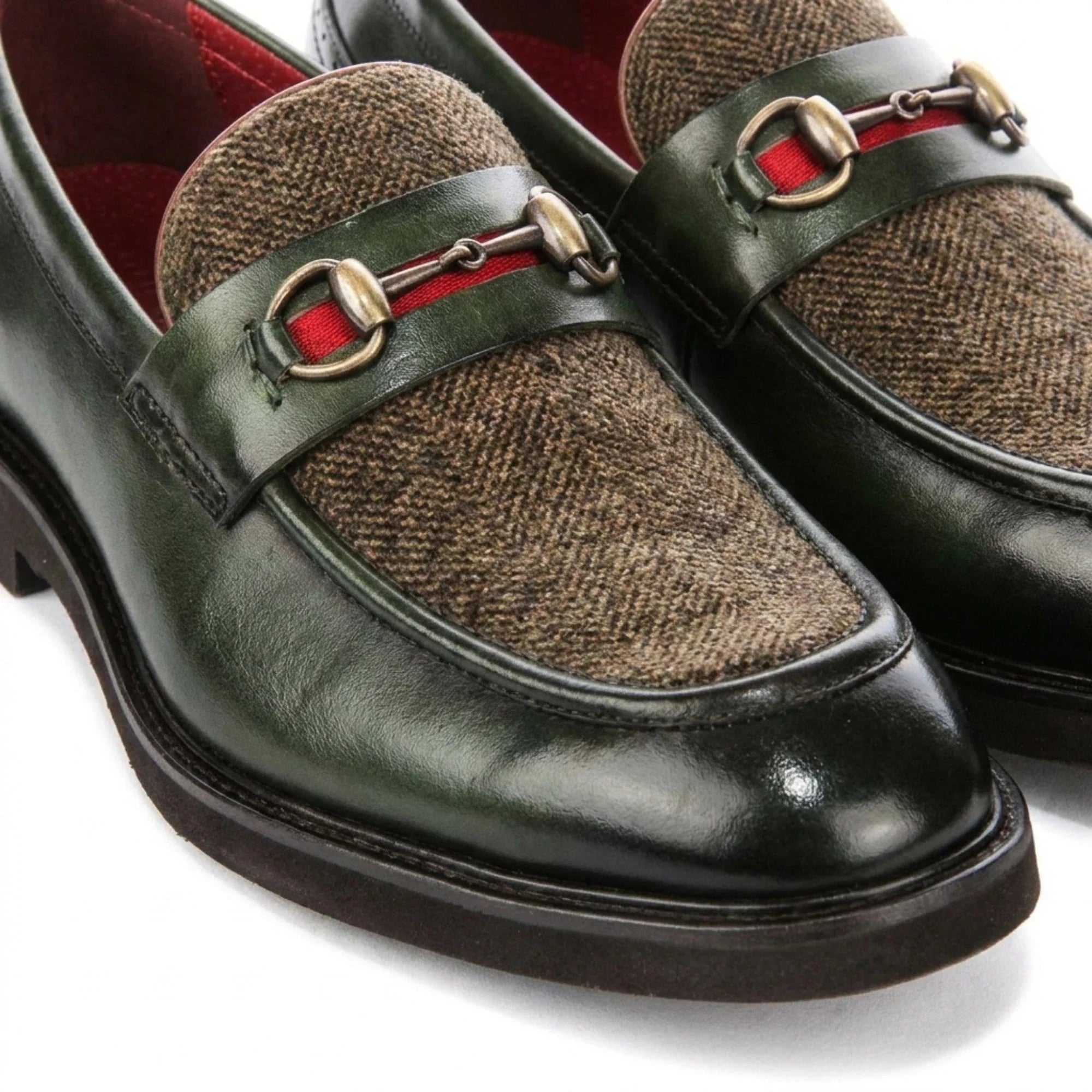 Tristian - Miesten vihreät nahkaiset kalanruotokuvioiset tweed-loaferit