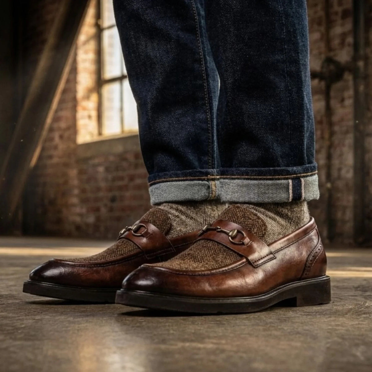 Tristian - Miesten ruskeat nahkaiset kalanruotokuvioiset tweed-loaferit