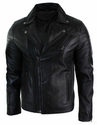 Aitoa nahkaa, kapea istuvuus, ristivetoketjullinen retro vintage Brando miesten takki, vintage biker-musta