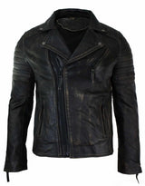 Miesten Slim Fit -nahkainen ristivetoketjullinen retro-vintage-Brandotakki, Vintage Biker-Ruboff Black